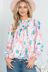 Multicolor Abstract Print Smocked Long Sleeve Blouse