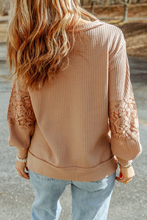 Apricot Lace and Waffle Knit Crisscross Straps V Neck Long Sleeve Top