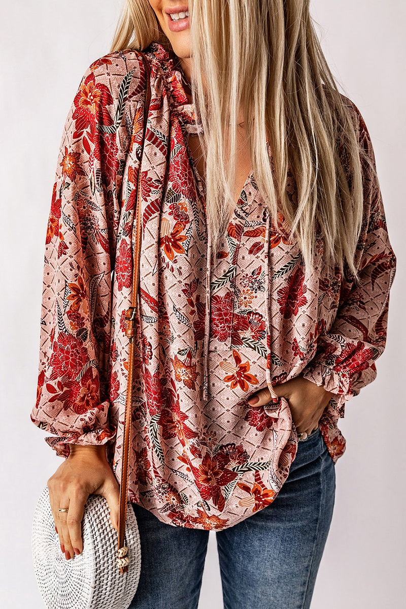 Pink Floral Print Boho Split V Neck Peasant Blouse