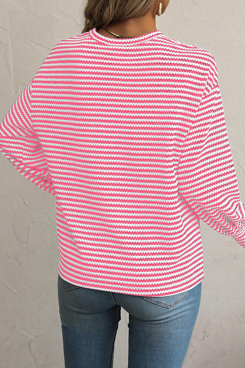 Rose Stripe Round Neck Drop Shoulder Long Sleeve Top