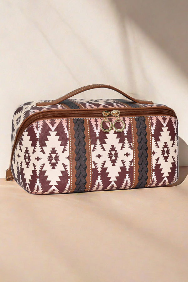 Light French Beige Geometric Braided Print Makeup Bag with Handle