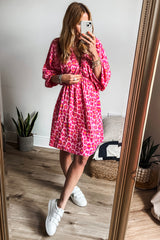 Pink V Neck 3/4 Puff Sleeve Leopard Print Dress