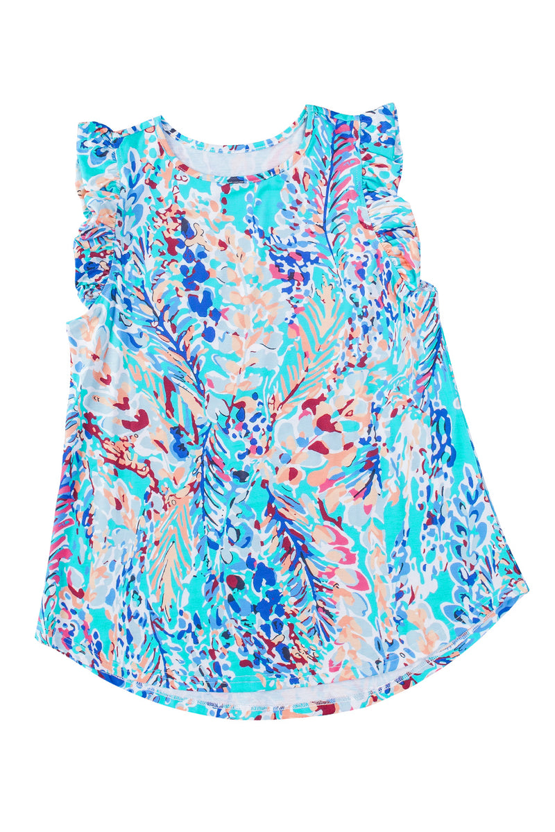 Rosy Boho Abstract Print Ruffle Babydoll Sleeveless Shirt