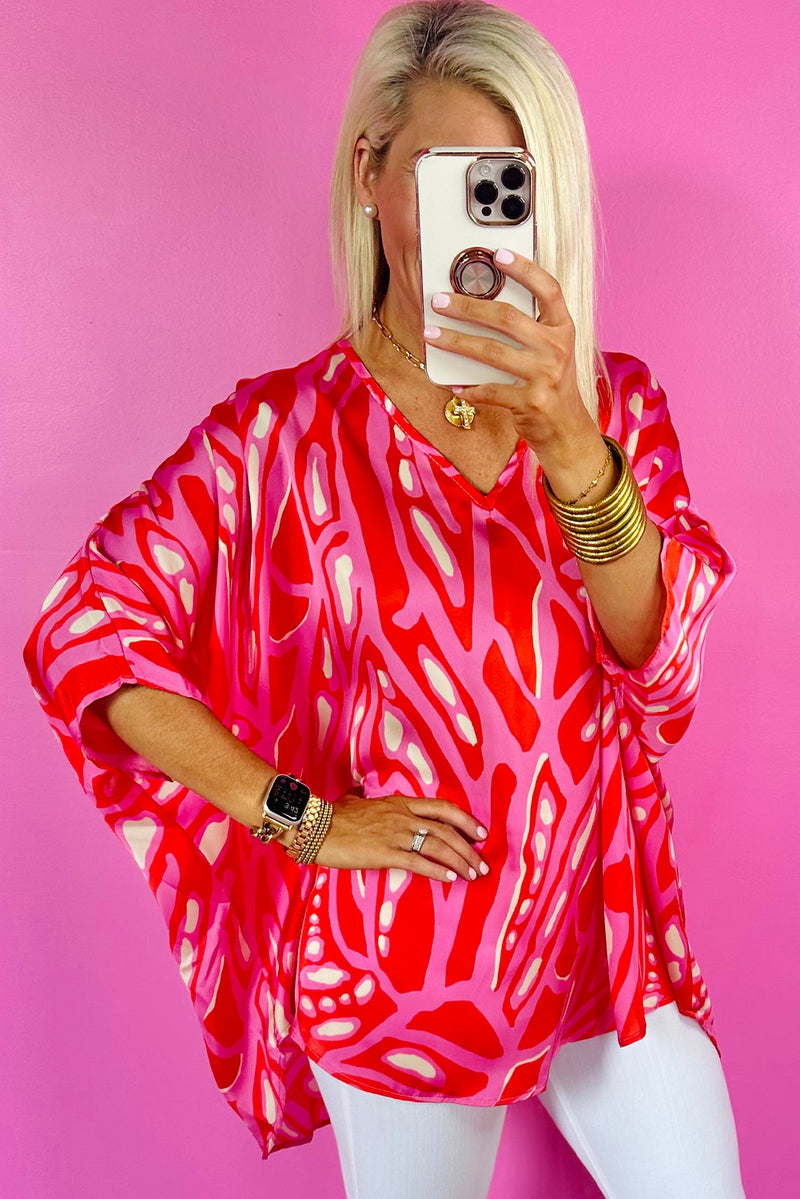 Red Abstract Print V Neck Batwing Sleeve Oversized Blouse