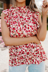 Red Boho Floral Print Ruffled Mock Neck Sleeveless Shirt