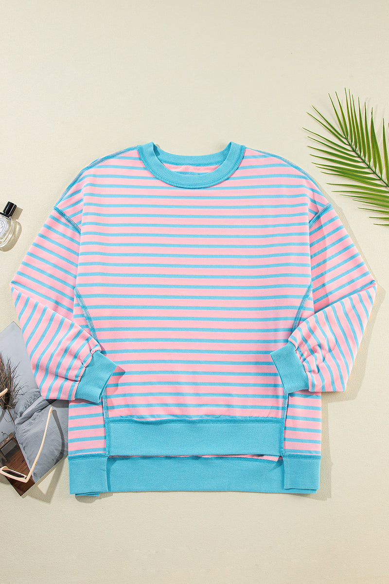 Sky Blue Stripe Contrast Trim High Low Tunic Sweatshirt