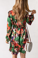 Abstract Print Waist Belted Flounce Hem Split V Neck Long Sleeve Dress