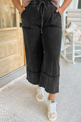 Black Plus Mineral Wash Exposed Seam Wide Leg Cropped Pants