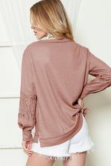 Apricot Lace and Waffle Knit Crisscross Straps V Neck Long Sleeve Top