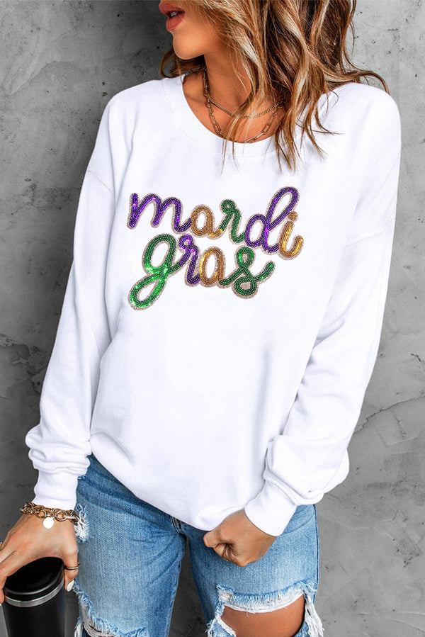 White Sequin mardi gras Graphic Crewneck Pullover Sweatshirt