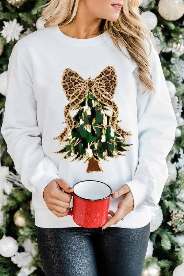 Beige Glittering Leopard Bow Christmas Tree Graphic Pullover Sweatshirt