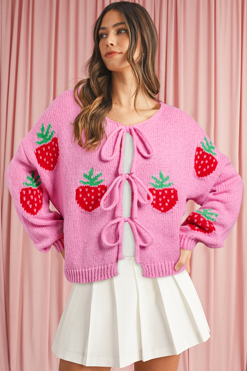 Rose Strawberry Print Bowknot Knit Cardigan