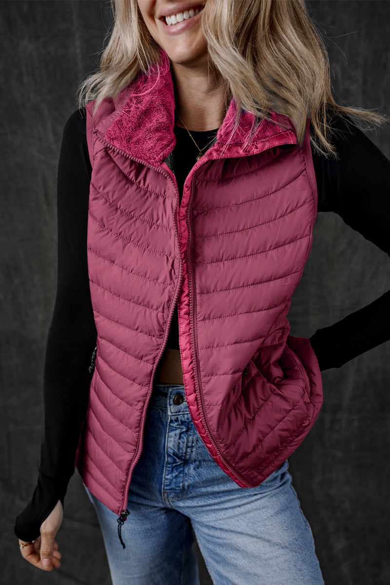 Sky Blue Plush Collared Quilted Zipped Puffer Vest