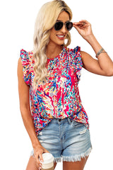 Rosy Boho Abstract Print Ruffle Babydoll Sleeveless Shirt