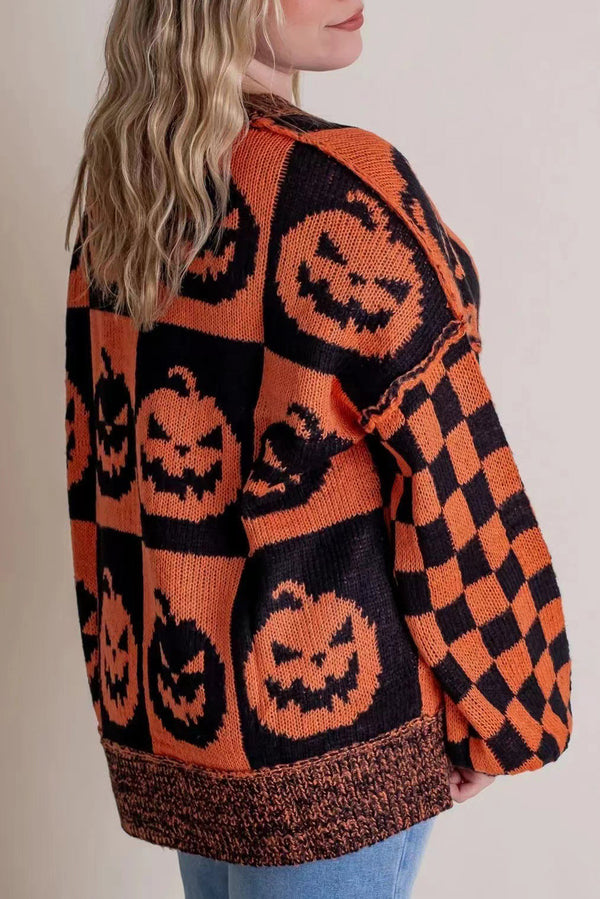 Orange Plaid Print Pumpkin Loose Halloween Sweater