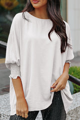 White Plain & Casual Shirred Cuffs Half Sleeve Top