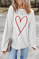 White Glitter Heart Print Corded Graphic Pullover Sweatshirt