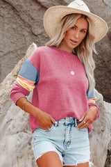 Rosy Color Block Casual Drop Sleeve Sweatshirt