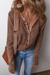 Coffee Patchwork V Neck Waffle Knit Top