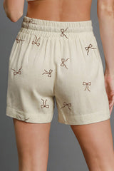 White Bow Pattern Lace Tie Elastic Waist Shorts