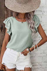 Clearly Aqua Solid Color Ruffle Sleeve Crinkled Blouse