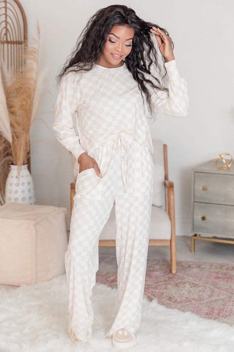 Beige Checkered Print Long Sleeve Loose Fit Pajama Set