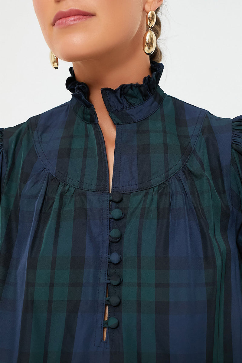 Green Checkered Puff Sleeve Frill Trim Blouse