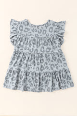 Gray Leopard Print Flutter Casual Tiered Pleated Summer Top