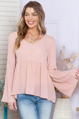 Pink Bell Sleeve Top V Neck Tie Back Peplum Blouse