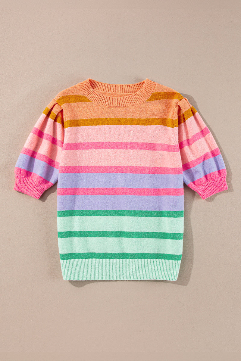 Rose Red Colourful Stripe Bubble Sleeve Gradient Knit Top