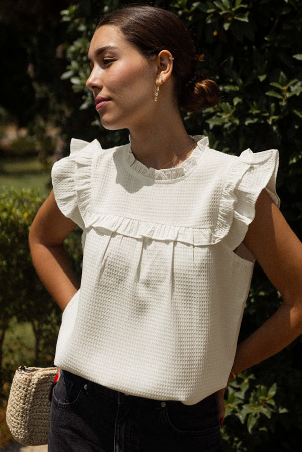 White Solid Color Ruffle Trim Waffle Textured Blouse