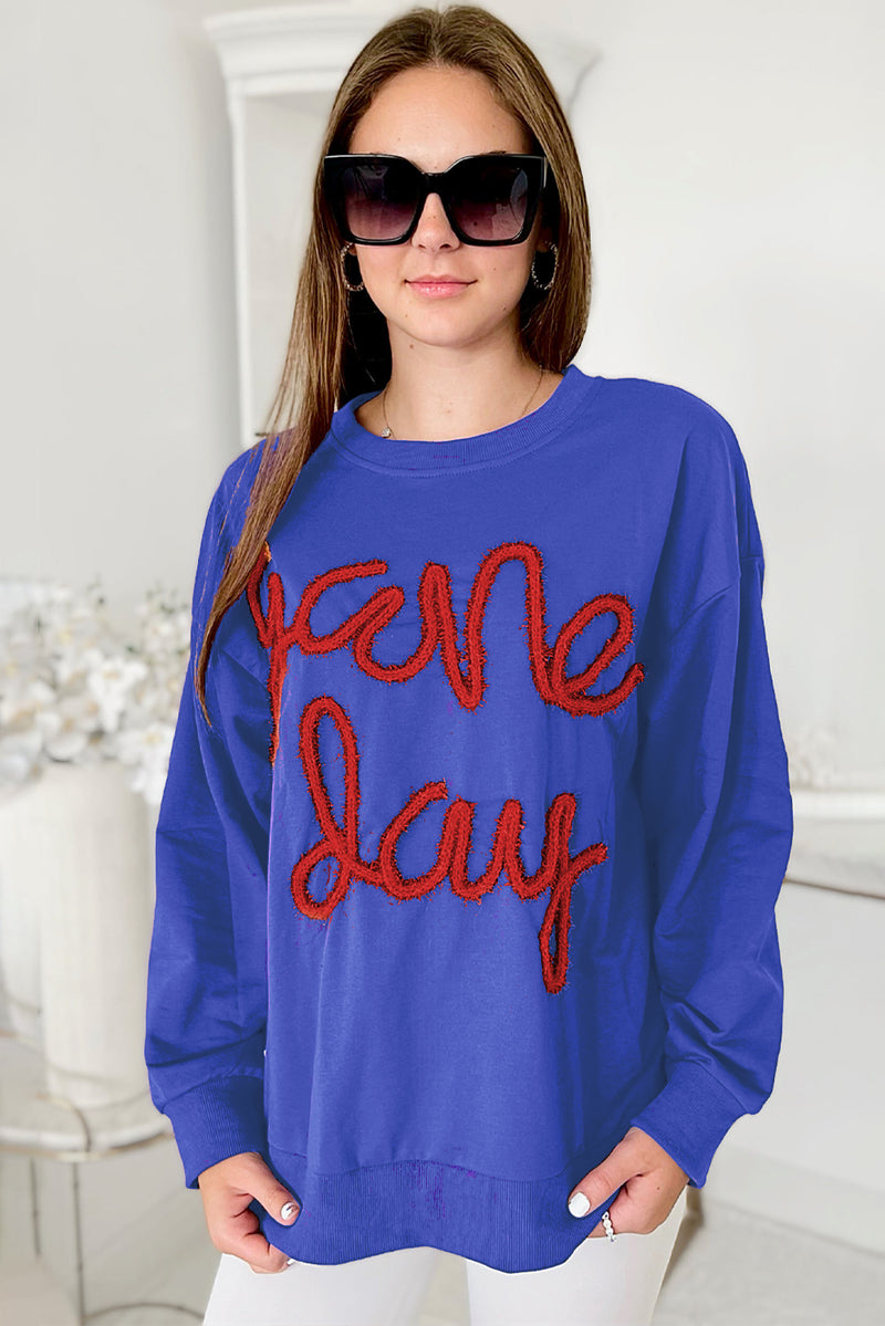 Dark Blue Tinsel Game Day Drop Shoulder Sweatshirt