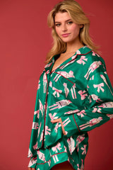 Green Nutcracker Lapel Collar Long Sleeve Top And Shorts Pajama Set