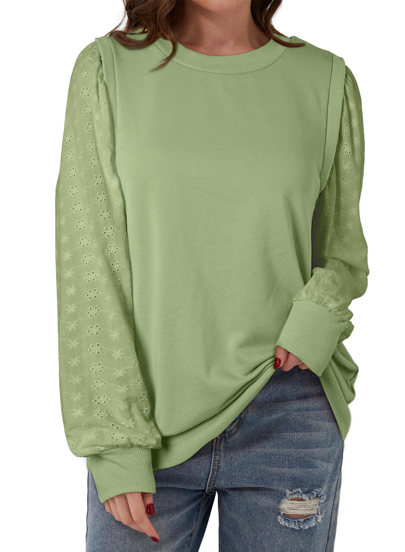 Mist Green Eyelet Embroidered Sleeve Patchwork Ribbed Sweatshirt