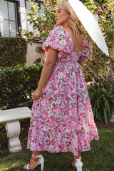 Pink Plus Size Floral Print Smocked Puff Sleeve Maxi Dress