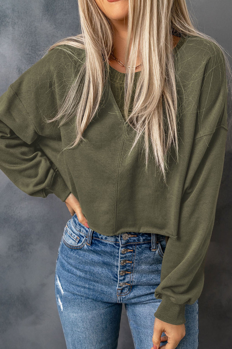 Green Casual Drop Shoulder Cropped Sweatshirt