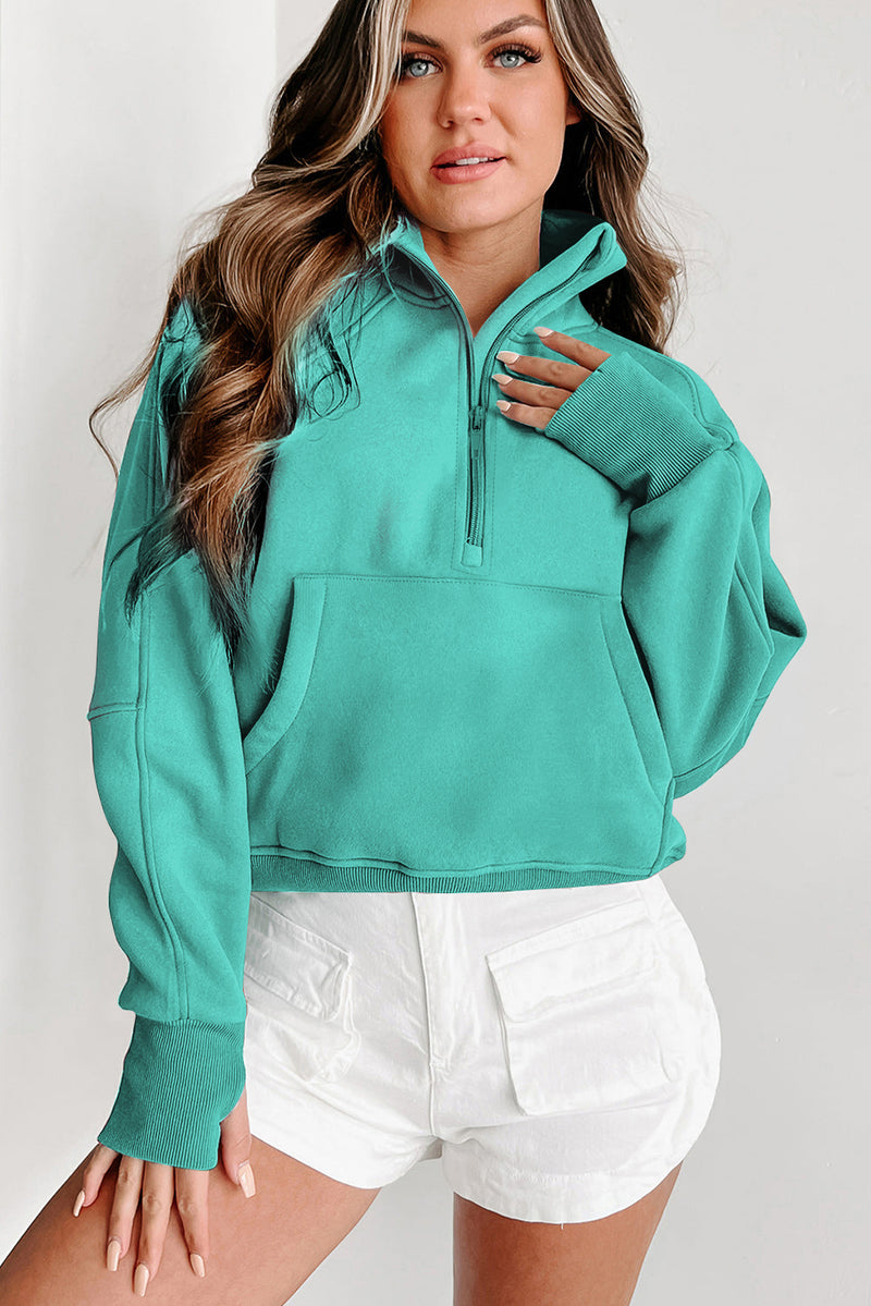 Flamingo Zip Up Stand Collar Ribbed Thumbhole Sleeve Sweatshirt