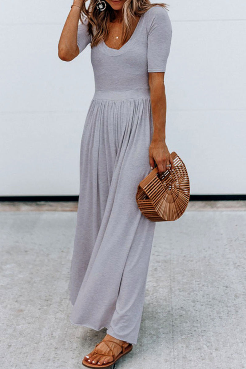 Gray Plain Basic Short Sleeve Wide Leg Jumpsuit