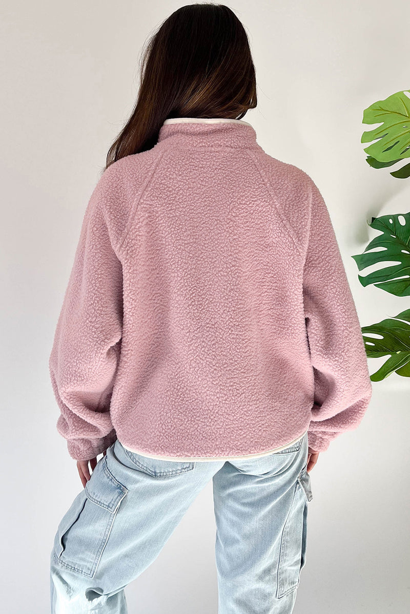 Fushia High Collar Long Sleeve Pocket Pullover Sweatshirt