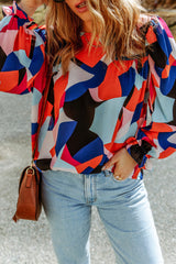 Multicolor Casual Abstract Print Puff Sleeve Blouse