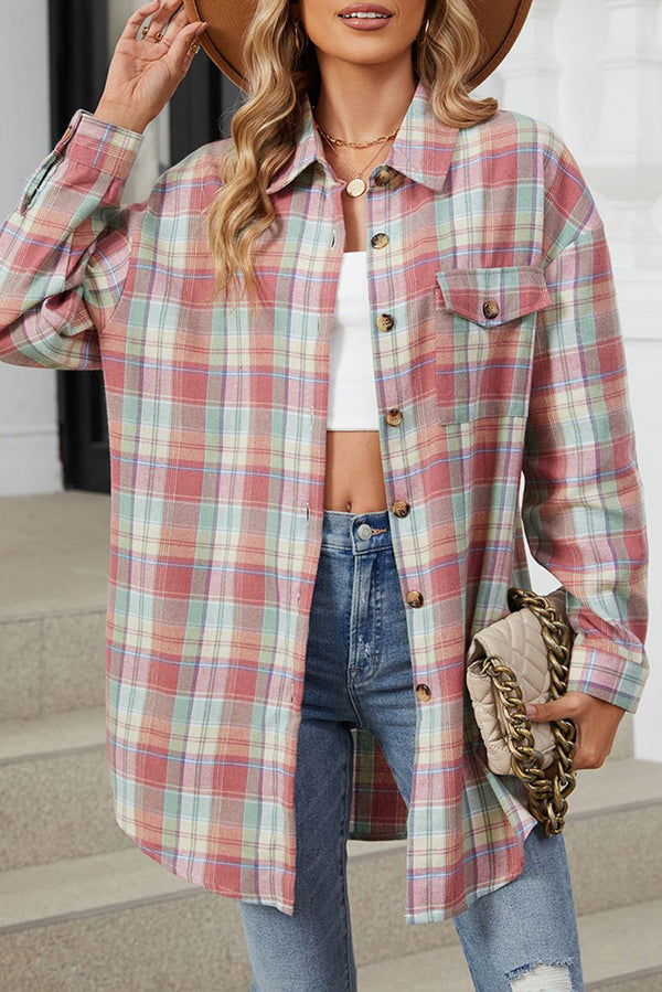 Pink Casual Plaid Print Pocket Button Shirt