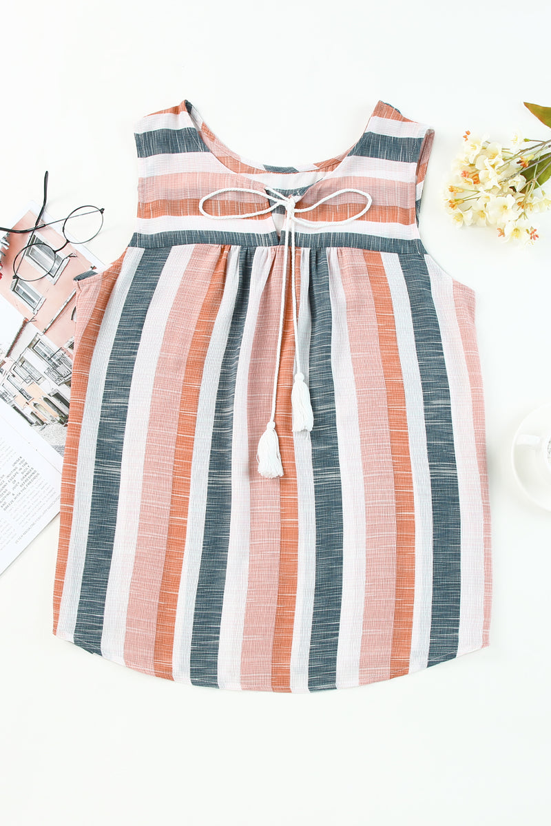 Multicolor Striped Print Split V Neck Sleeveless Shirt