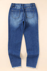 Dark Blue Casual Raw Hem Ankle Length Skinny Jeans