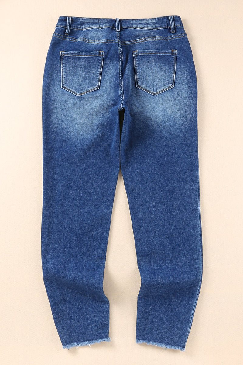 Dark Blue Casual Raw Hem Ankle Length Skinny Jeans