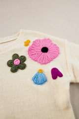 Beige 60s Flower Pattern Knitted Sweater