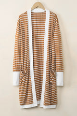 White Striped Side Pockets Open Front Long Cardigan