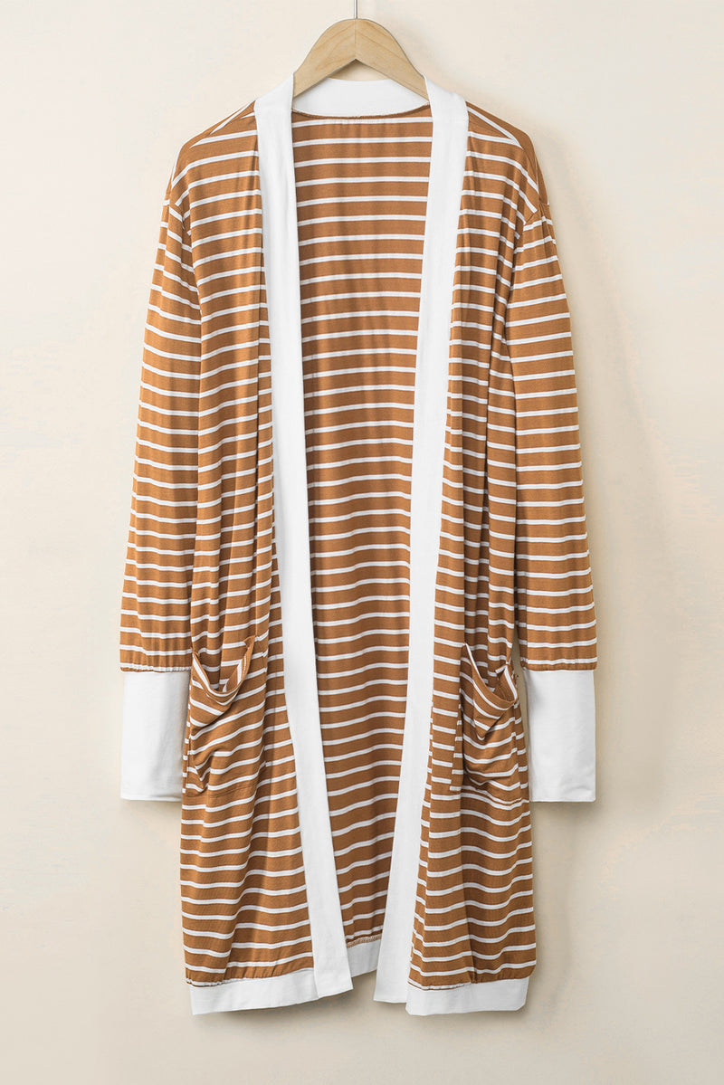 White Striped Side Pockets Open Front Long Cardigan