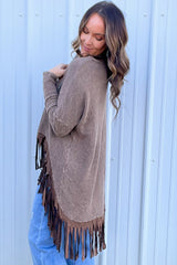 Coffee Waffle Patchwork Fringe Hem High Low Loose Top