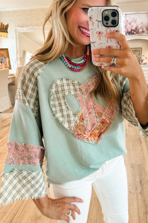 Aqua Plaid Floral Patchwork Heart Long Sleeve Top