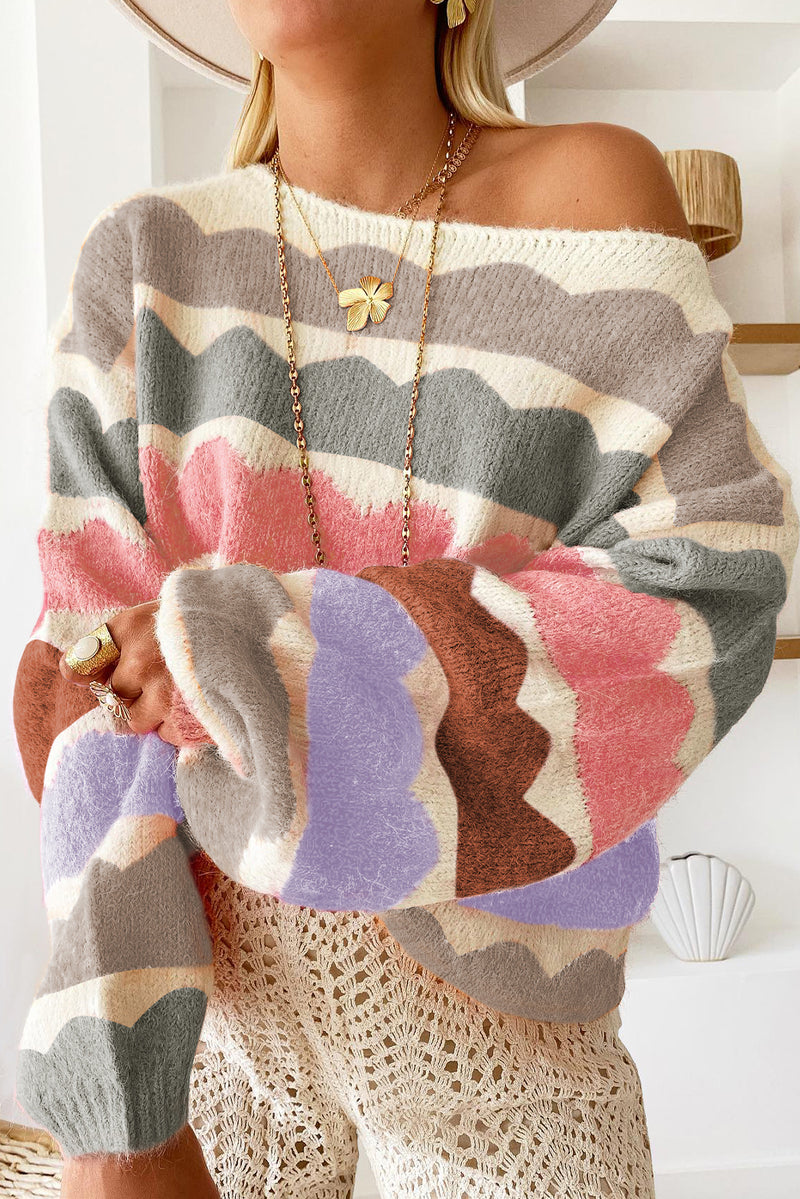 Gray Wave Striped Balloon Sleeve Drop Shoulder Sweater